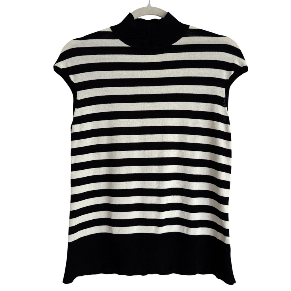 Kate Hill Black White Striped Sleeveless Mock Neck Cap Sleeve Top Size Large